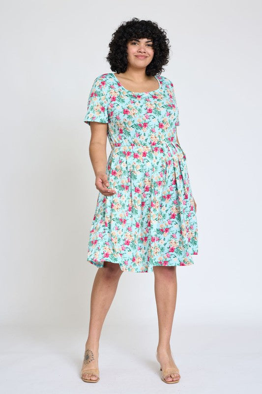 Plus Floral Short Sleeve Pleated Midi Dress