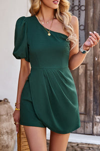One-Shoulder Puff Sleeve Pleated Detail Romper