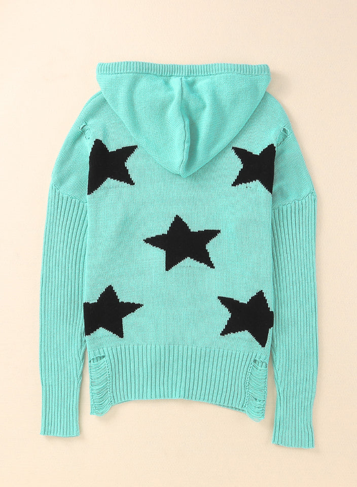 Star Distressed Slit Hooded Sweater
