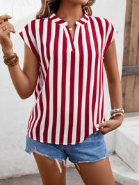 Striped Notched Neck Cap Sleeve Blouse